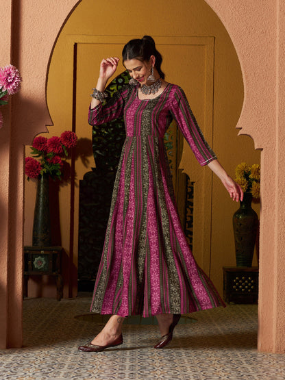 Maroon Geometric Floral Anarkali Maxi Dress