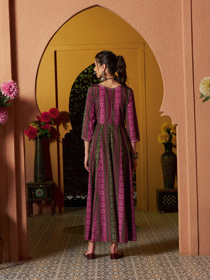 Maroon Geometric Floral Anarkali Maxi Dress