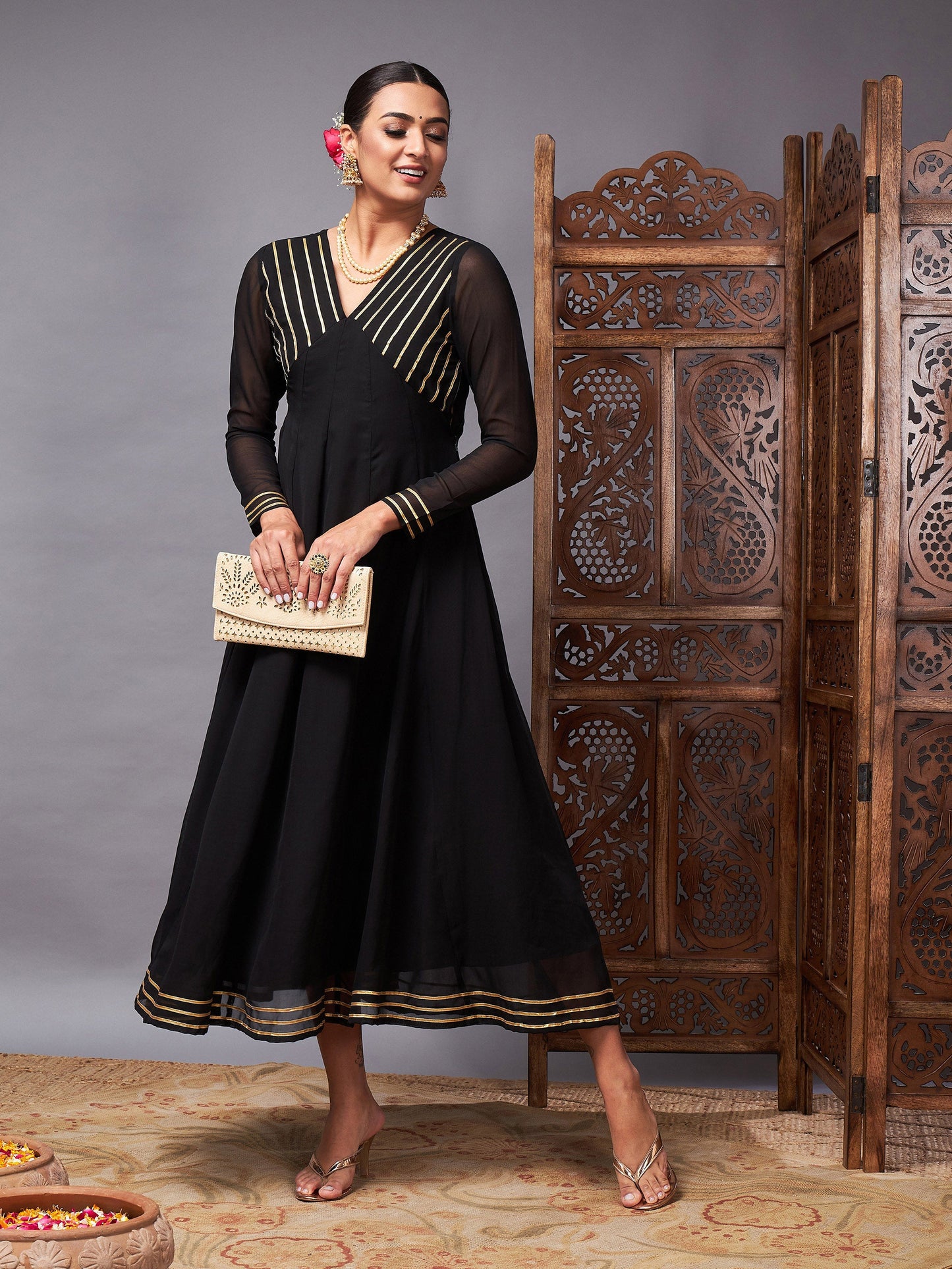Black Gota Lace Detail Anarkali Maxi Dress