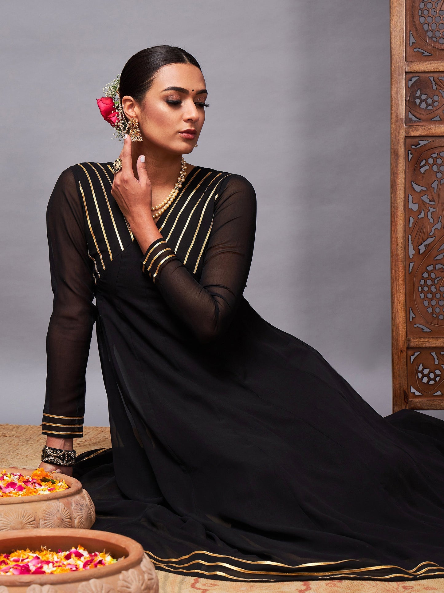 Black Gota Lace Detail Anarkali Maxi Dress