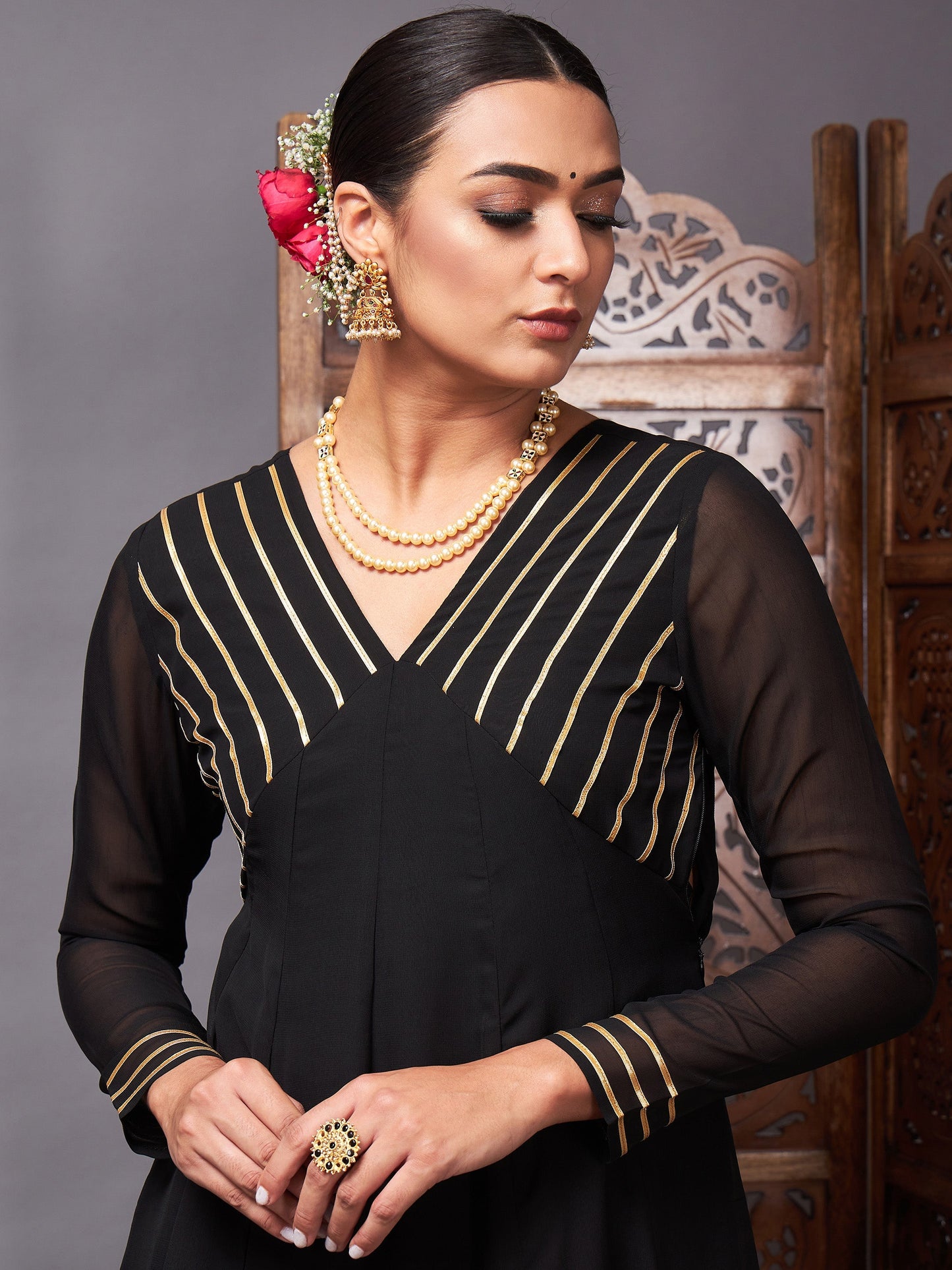 Black Gota Lace Detail Anarkali Maxi Dress