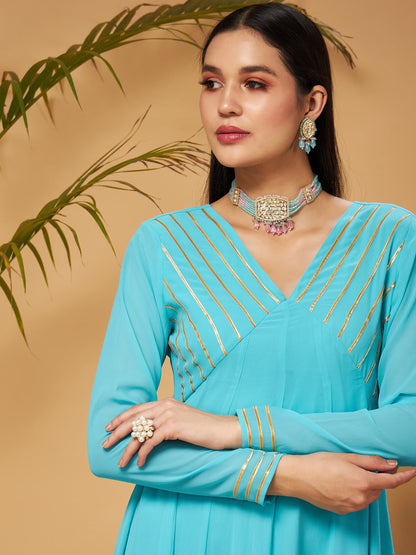 Blue Gota Lace Detail Anarkali Maxi Dress-Shae by SASSAFRAS