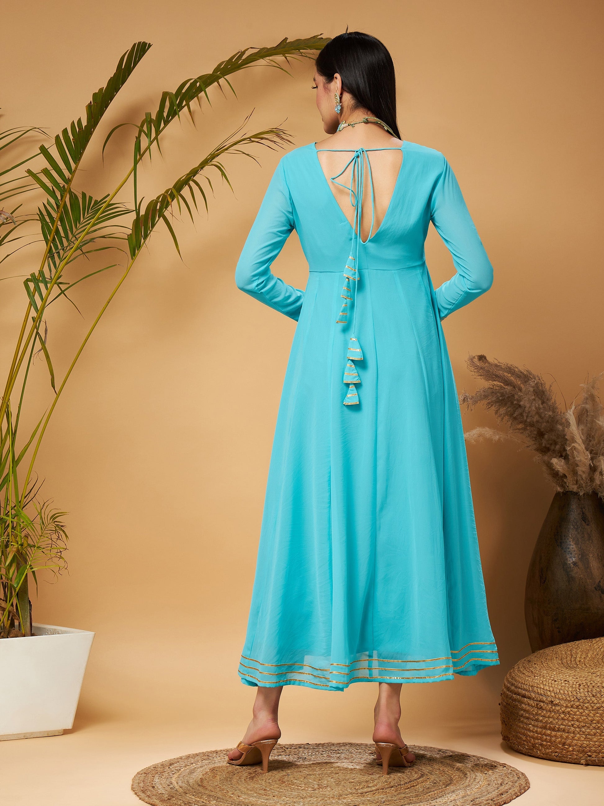 Blue Gota Lace Detail Anarkali Maxi Dress-Shae by SASSAFRAS