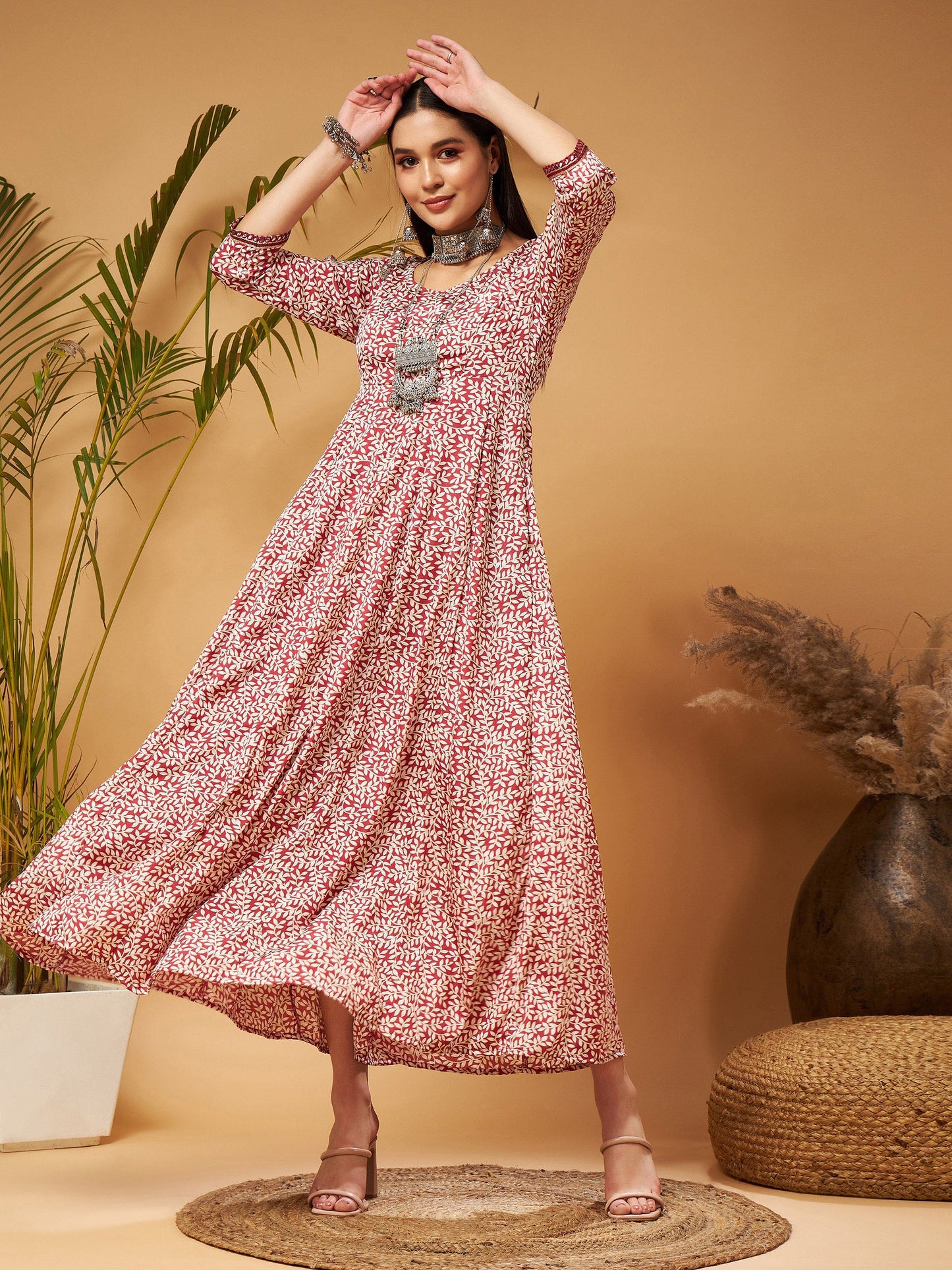 White Leaf Print Anarkali Maxi Dress
