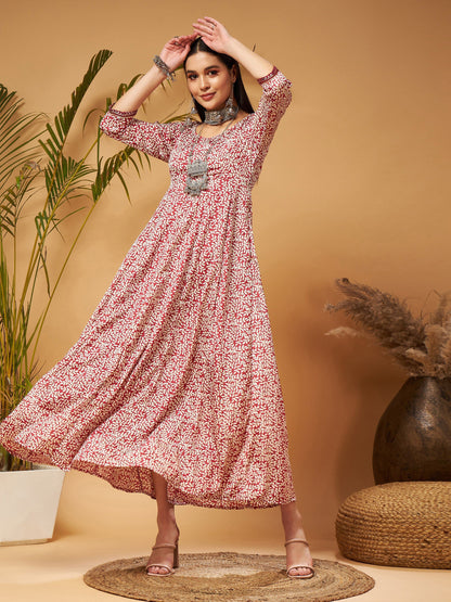 White Leaf Print Anarkali Maxi Dress