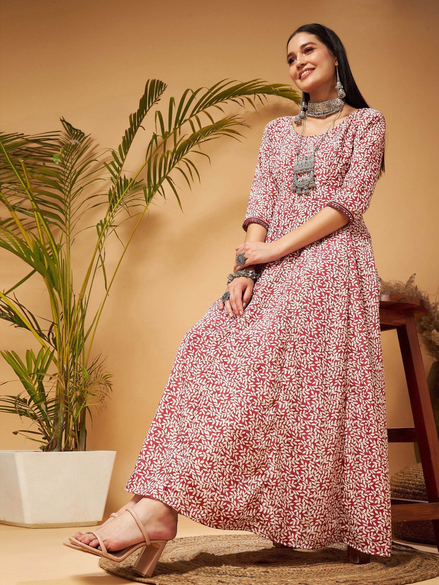 White Leaf Print Anarkali Maxi Dress
