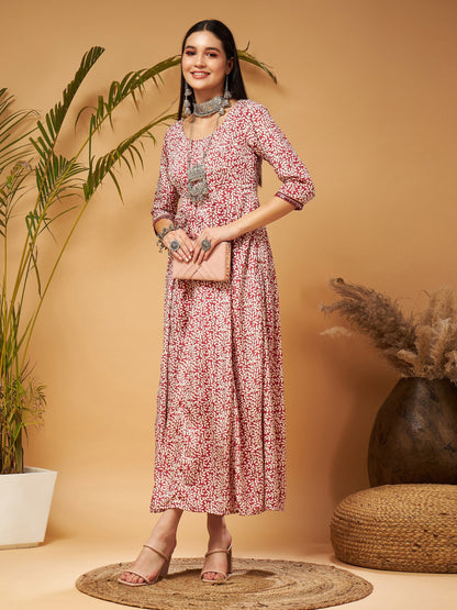 White Leaf Print Anarkali Maxi Dress