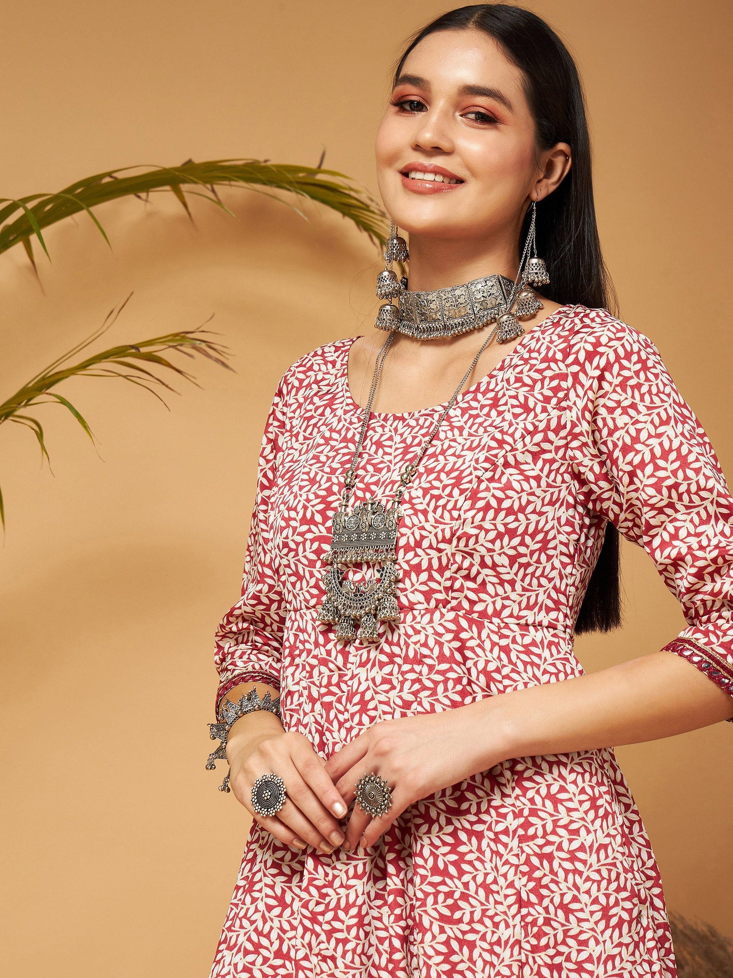 White Leaf Print Anarkali Maxi Dress