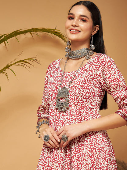 White Leaf Print Anarkali Maxi Dress