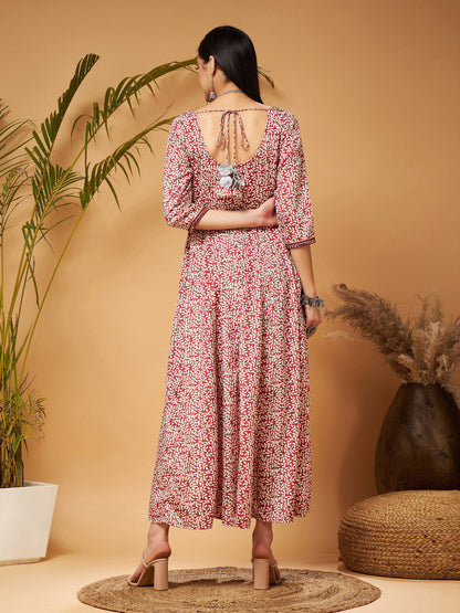 White Leaf Print Anarkali Maxi Dress