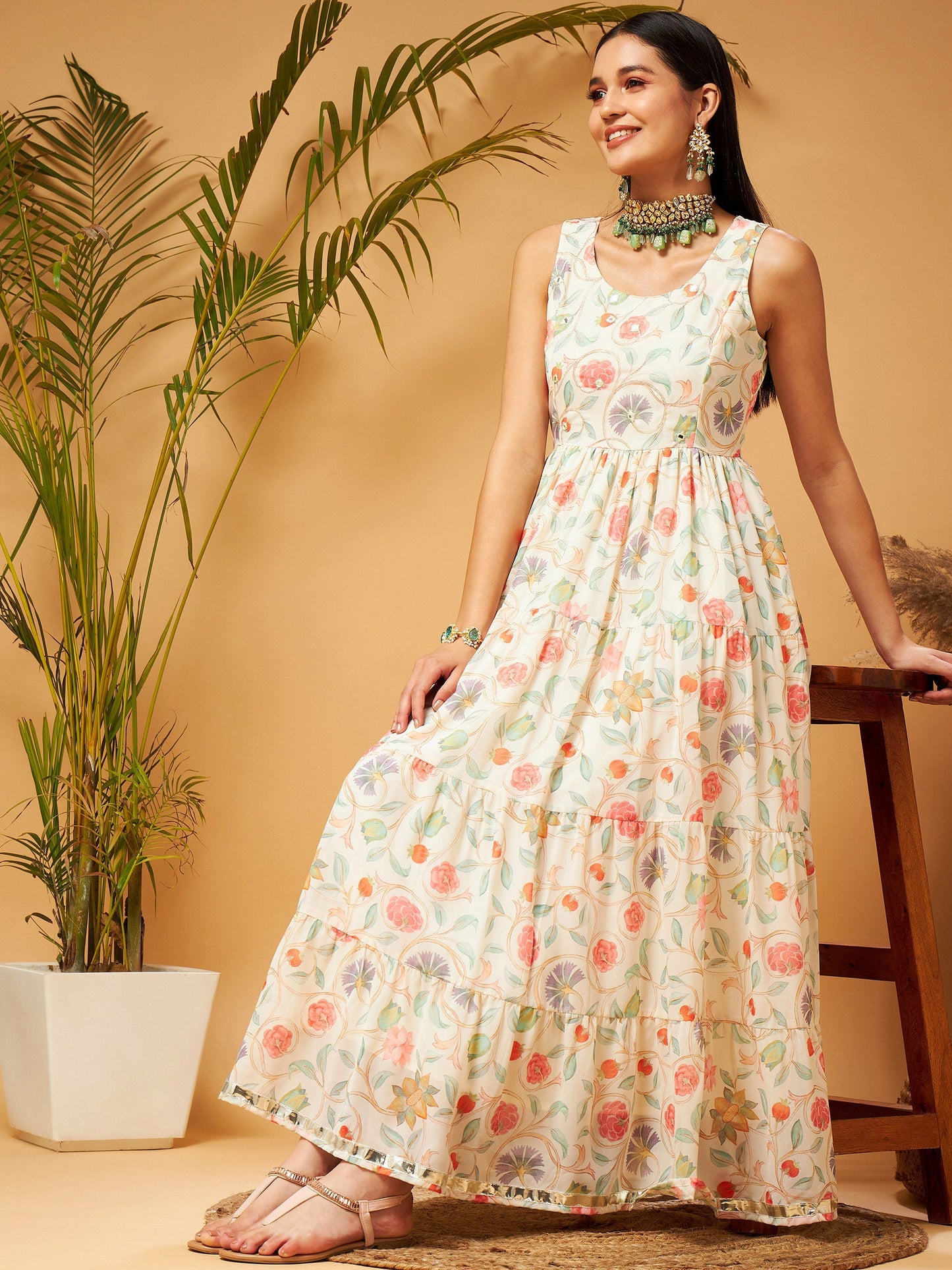 Beige Embroidered Sleeveless Tiered Dress