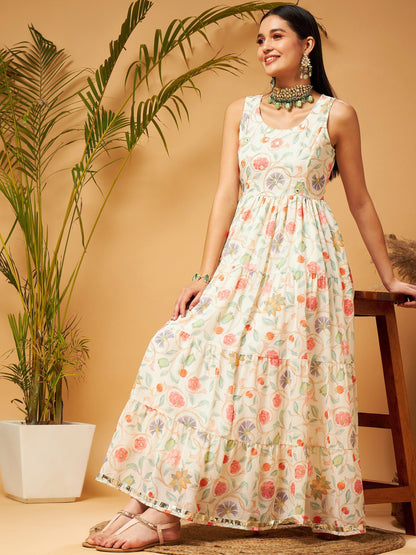 Beige Embroidered Sleeveless Tiered Dress