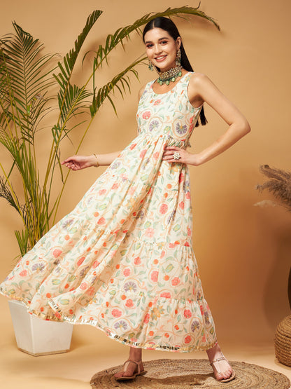 Beige Embroidered Sleeveless Tiered Dress