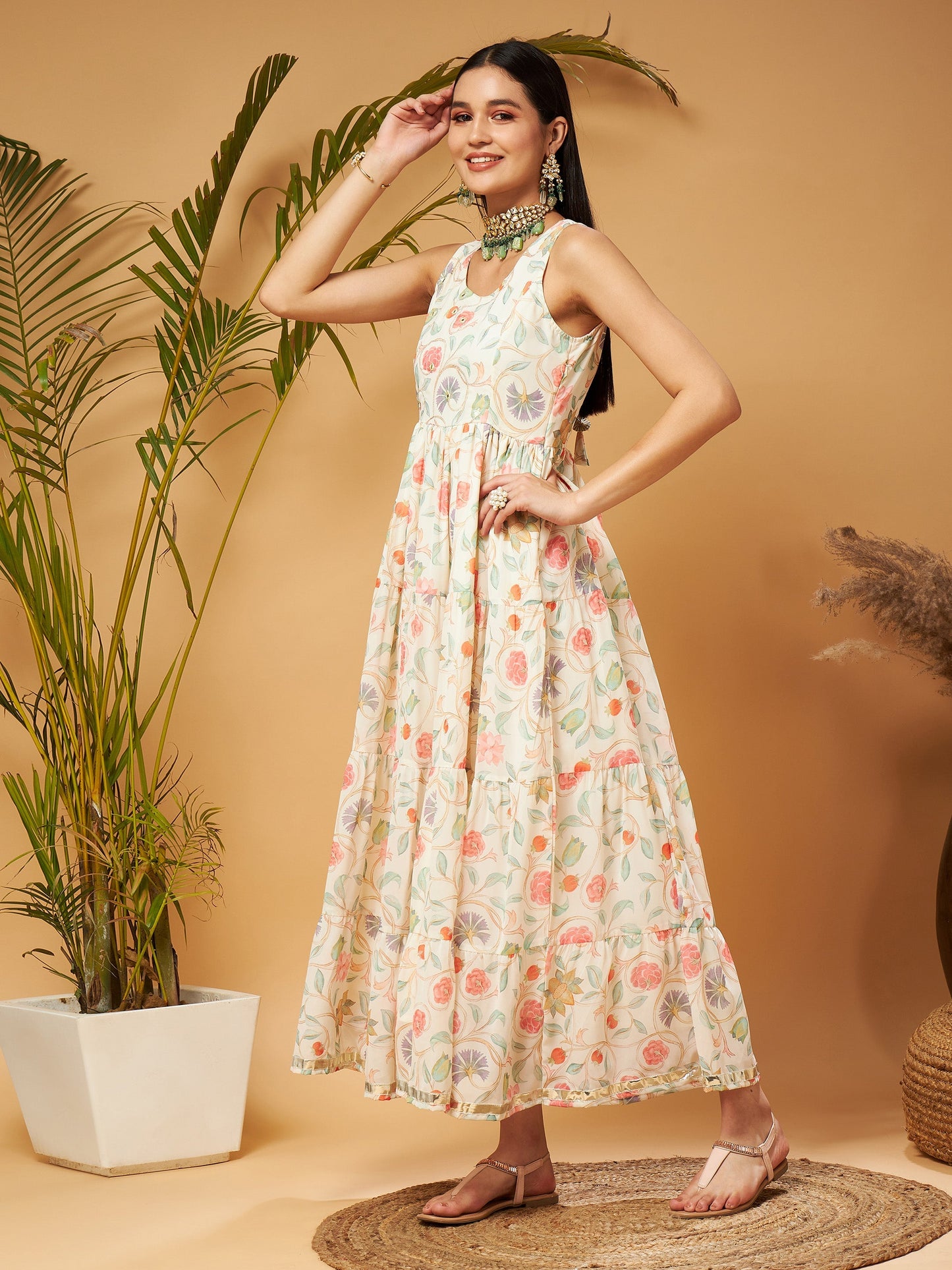 Beige Embroidered Sleeveless Tiered Dress