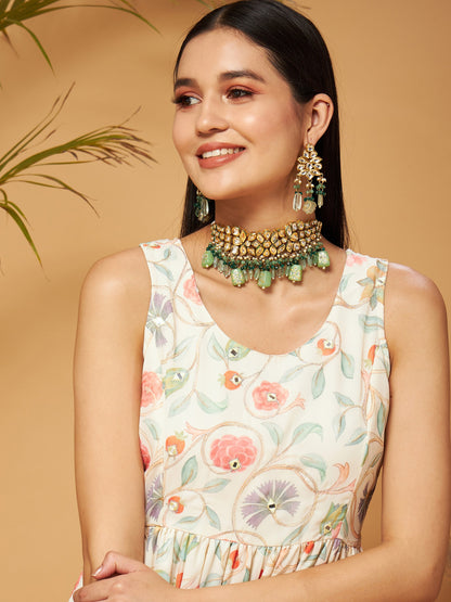 Beige Embroidered Sleeveless Tiered Dress