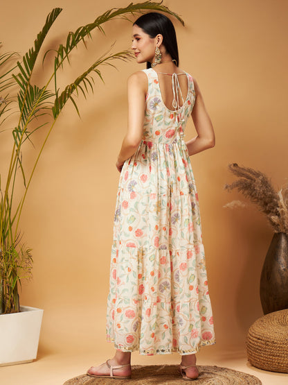 Beige Embroidered Sleeveless Tiered Dress