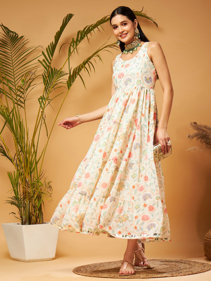 Beige Embroidered Sleeveless Tiered Dress