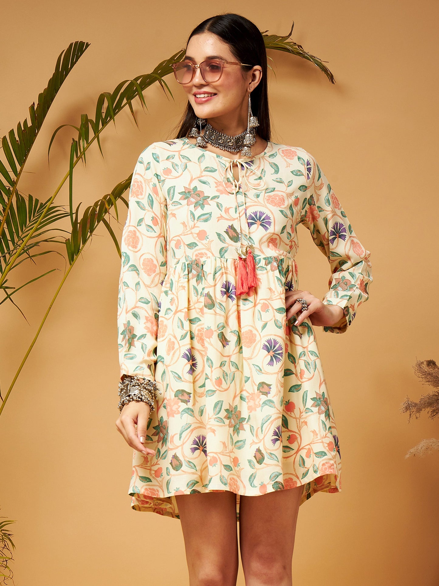 Beige Floral Short Gathered Dress