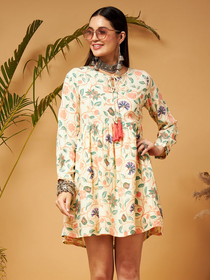 Beige Floral Short Gathered Dress