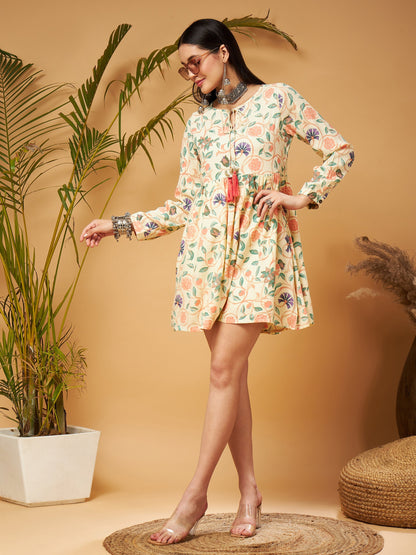 Beige Floral Short Gathered Dress