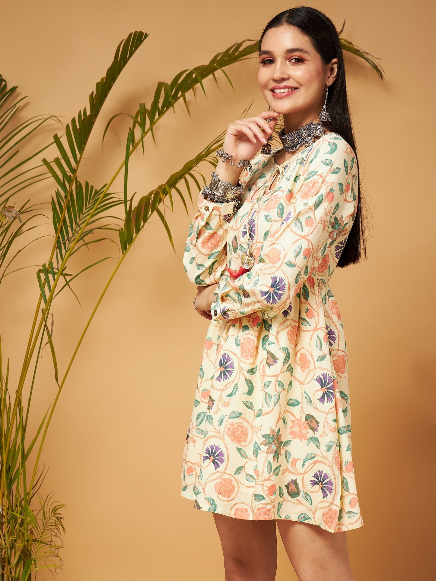 Beige Floral Short Gathered Dress