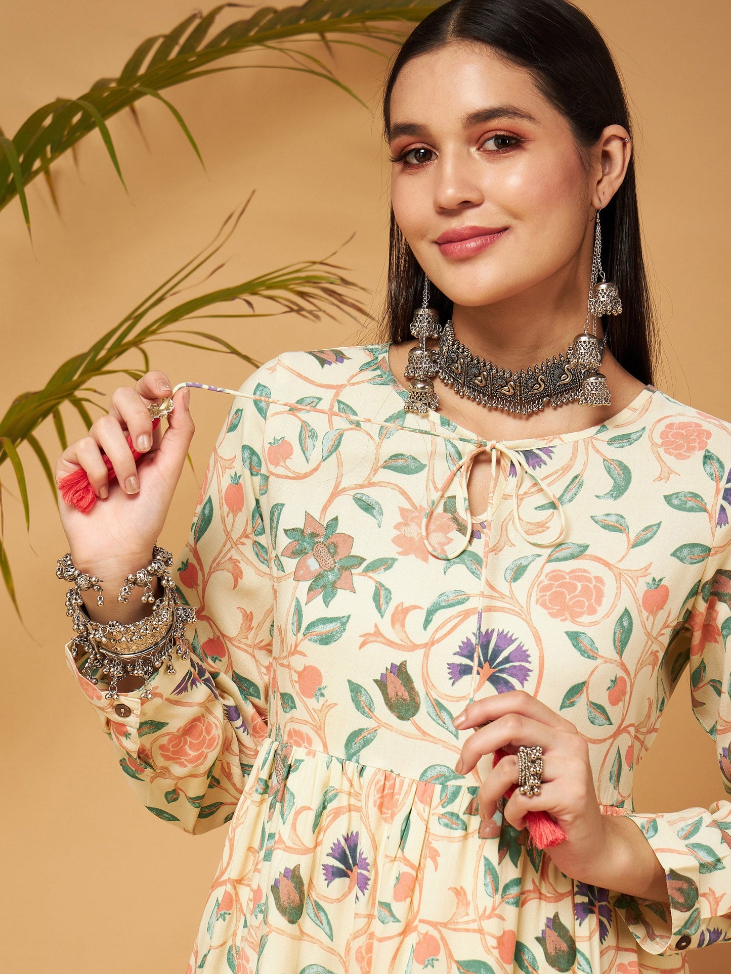 Beige Floral Short Gathered Dress