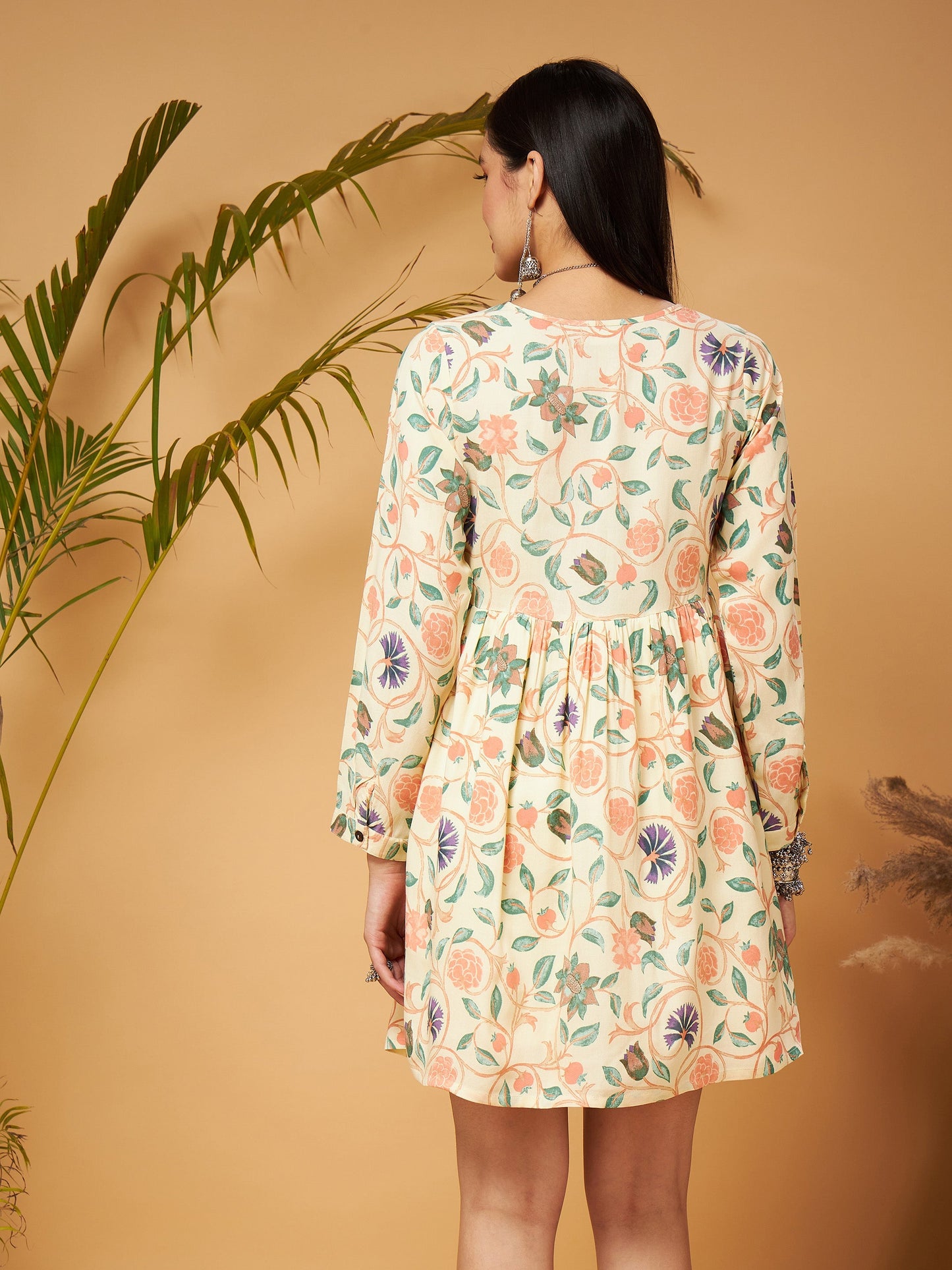 Beige Floral Short Gathered Dress