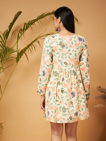 Beige Floral Short Gathered Dress