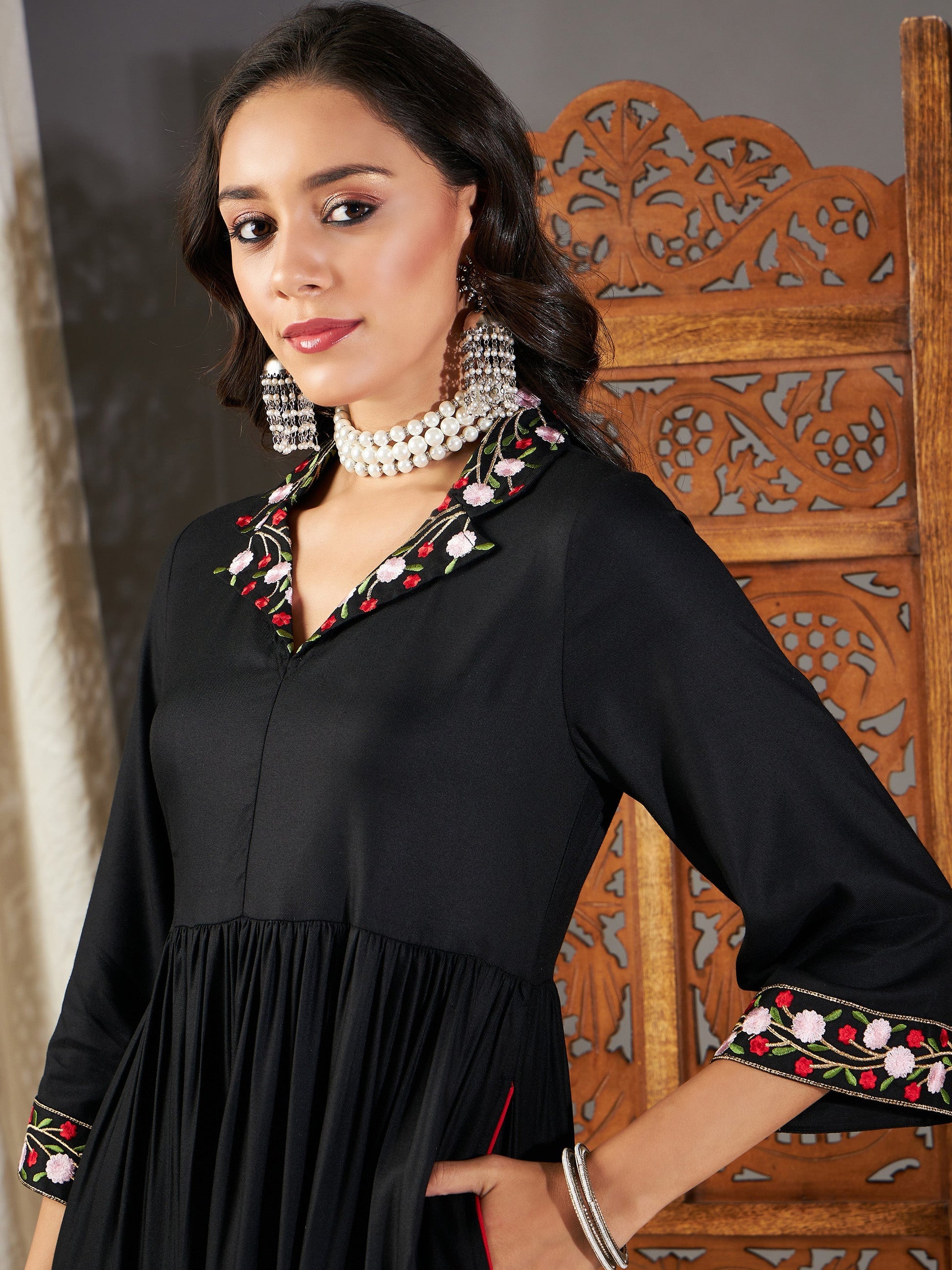 Black Embroidered Sleeve Gathered Dress-Shae by SASSAFRAS
