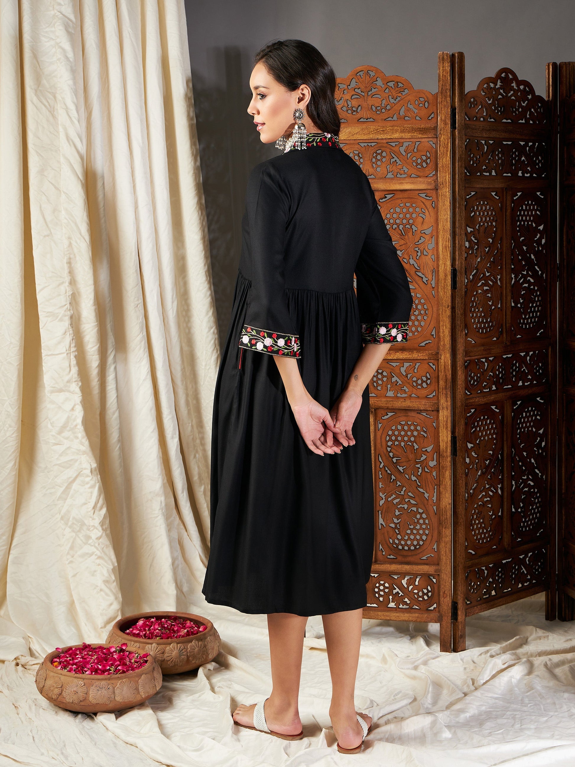 Black Embroidered Sleeve Gathered Dress-Shae by SASSAFRAS