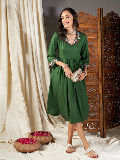 Green Embroidered Sleeve Gathered Dress