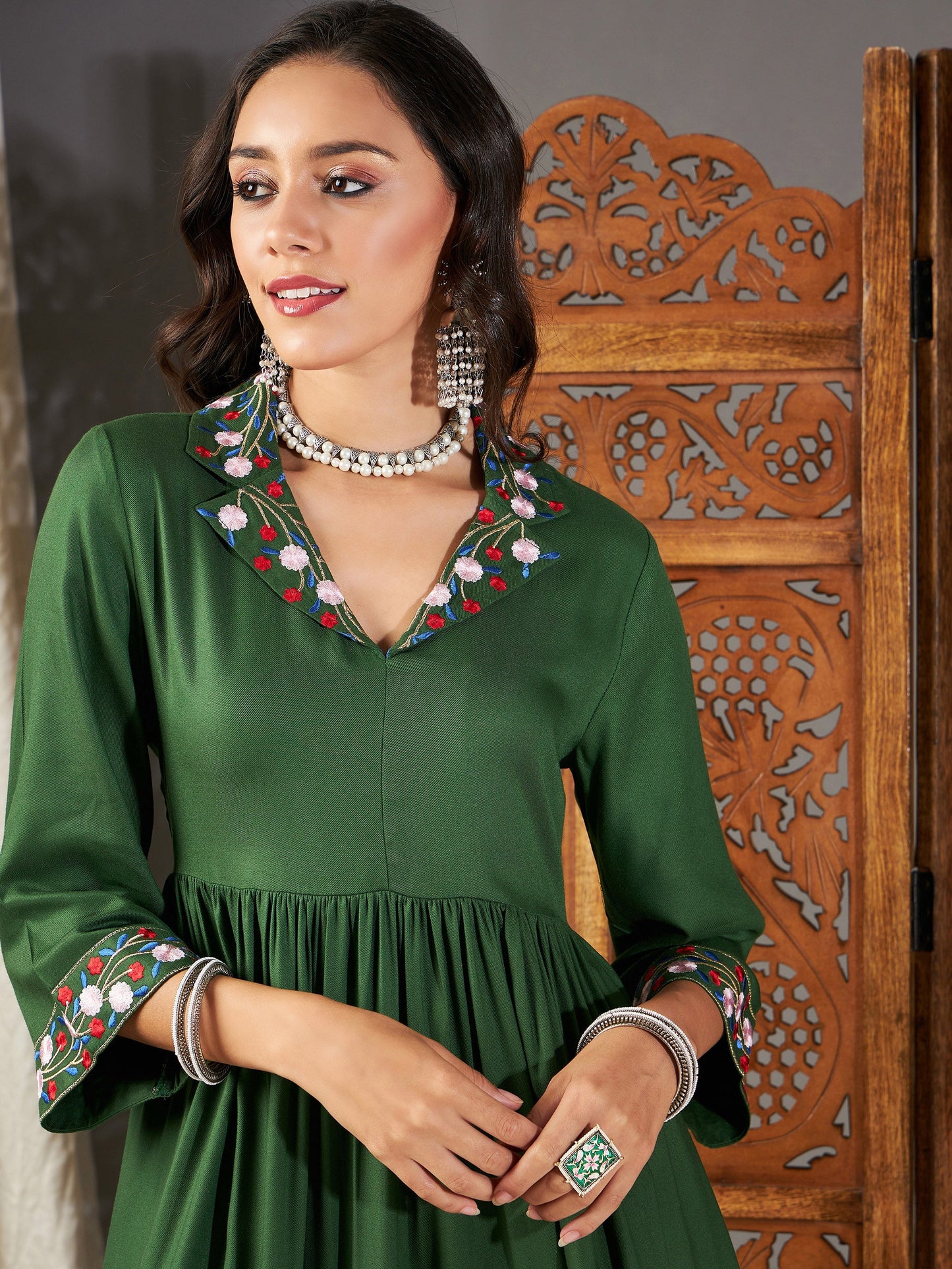 Green Embroidered Sleeve Gathered Dress