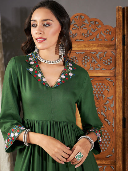 Green Embroidered Sleeve Gathered Dress
