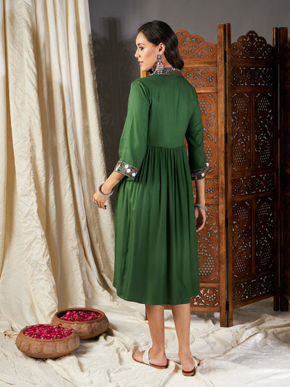 Green Embroidered Sleeve Gathered Dress