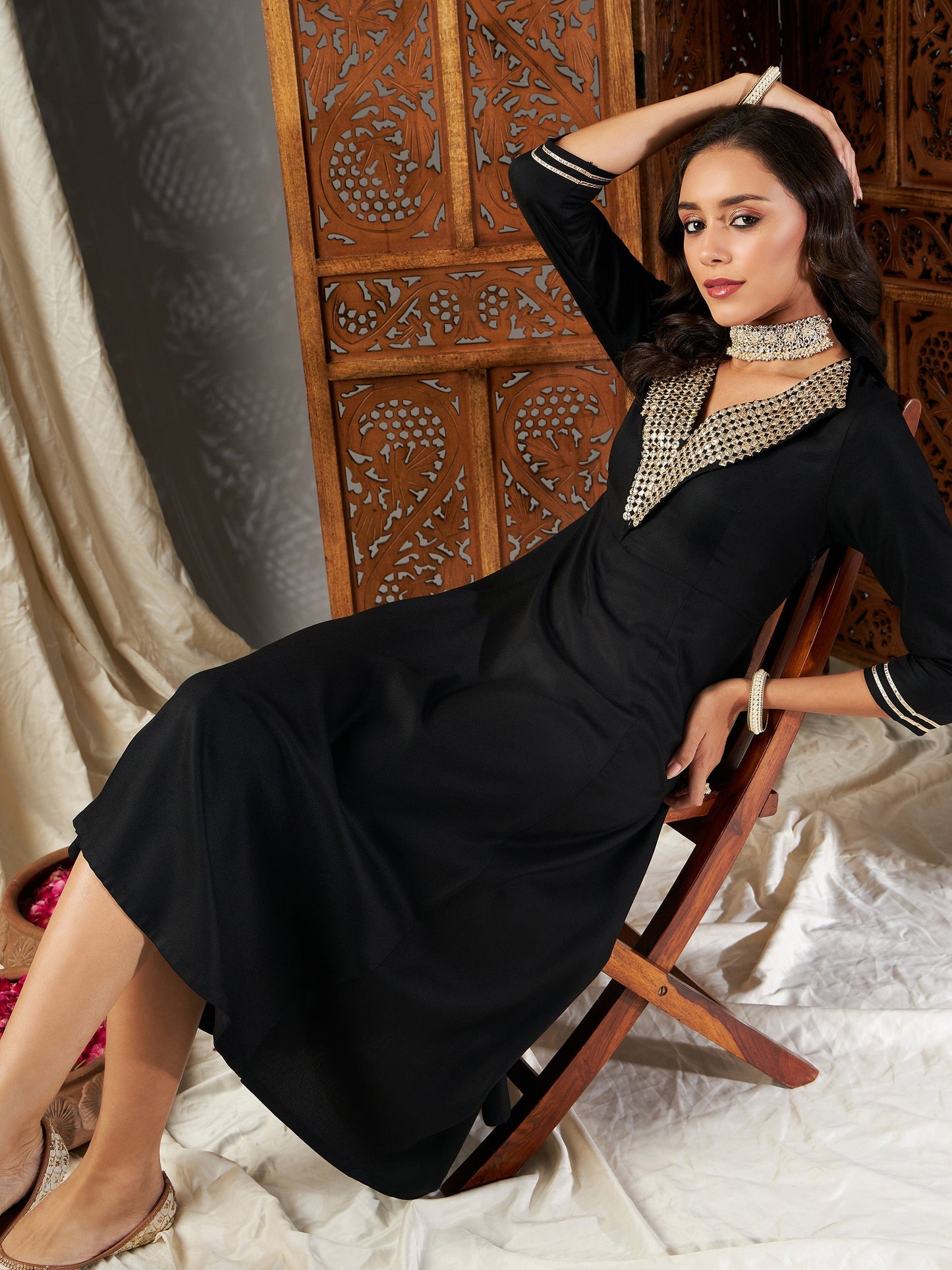 Black Zari Embroidered A-Line Dress