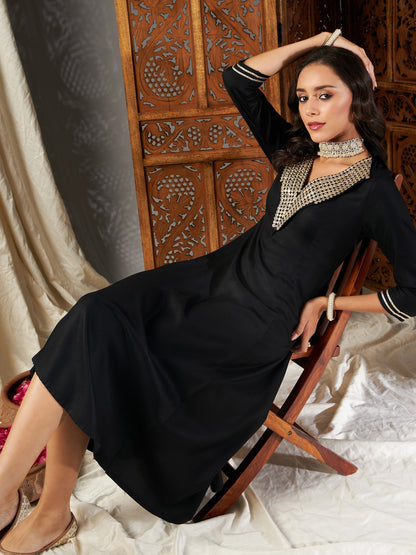 Black Zari Embroidered A-Line Dress