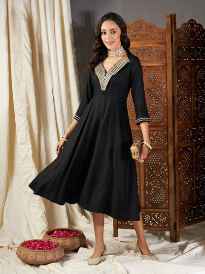 Black Zari Embroidered A-Line Dress