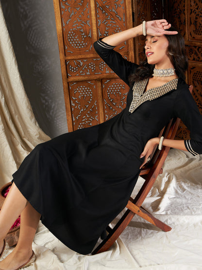 Black Zari Embroidered A-Line Dress