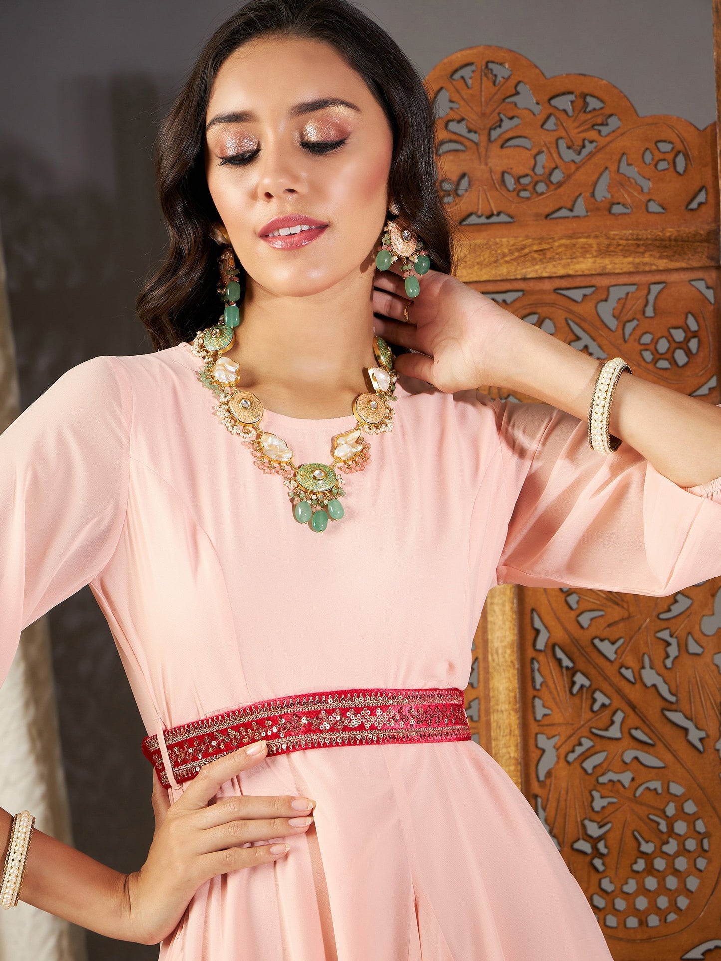 Pink Embroidered Belt Dhoti Dress