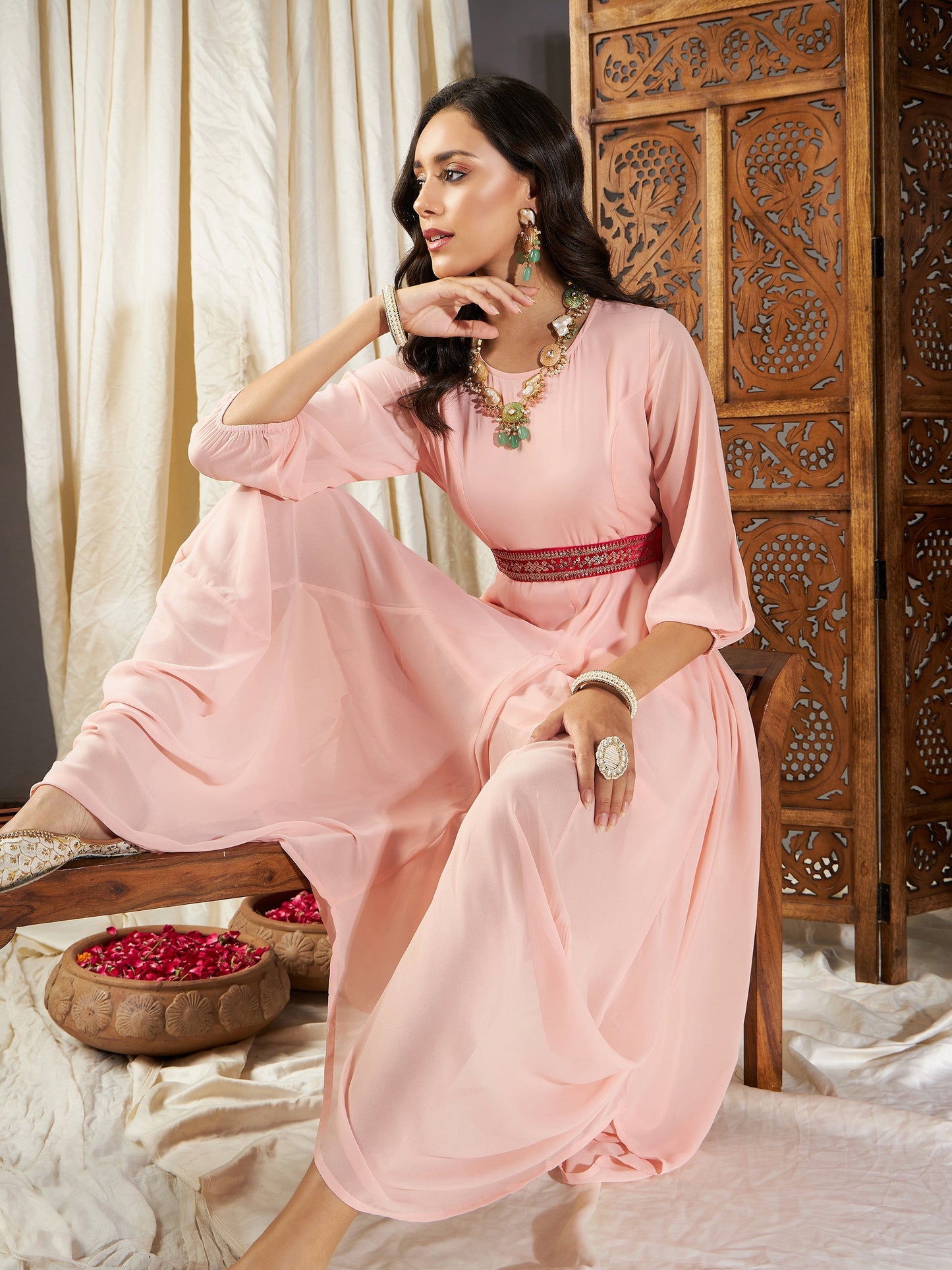 Pink Embroidered Belt Dhoti Dress