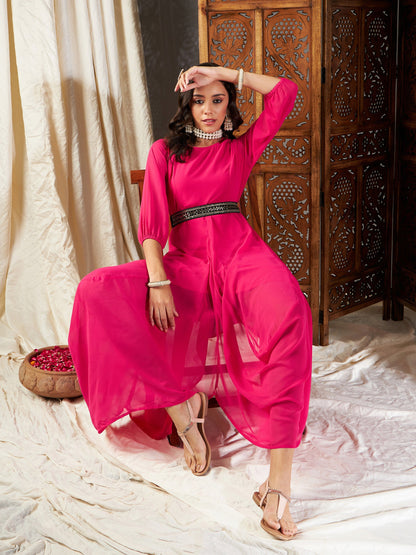 Fuchsia Embroidered Belt Dhoti Dress