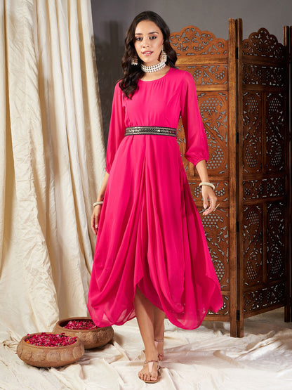 Fuchsia Embroidered Belt Dhoti Dress