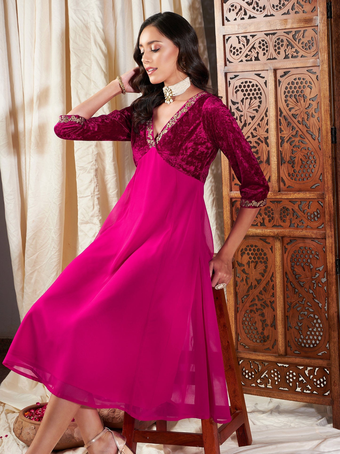Fuchsia Embroidered V-Neck Dress