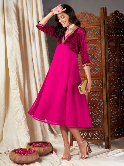 Fuchsia Embroidered V-Neck Dress
