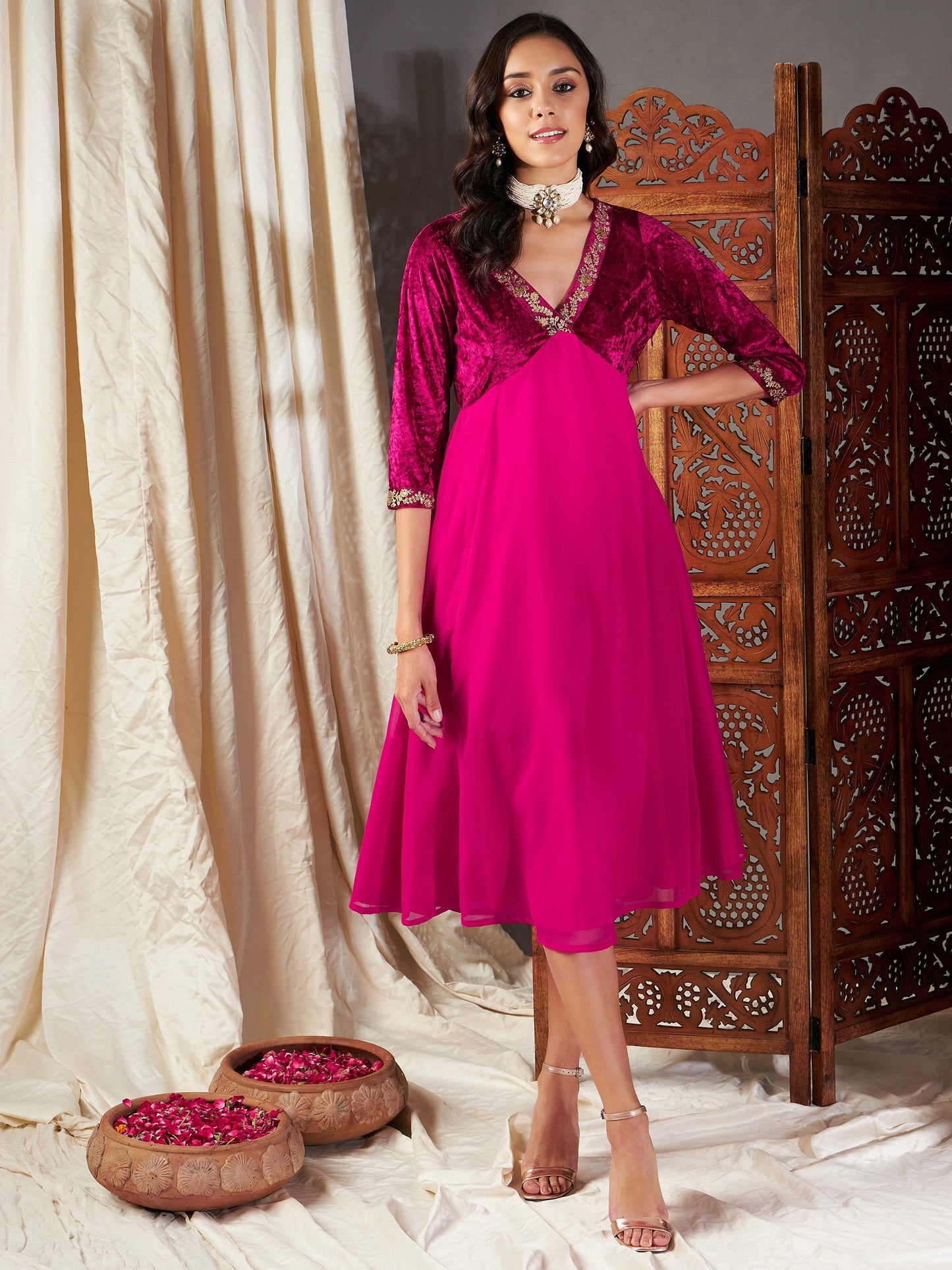 Fuchsia Embroidered V-Neck Dress