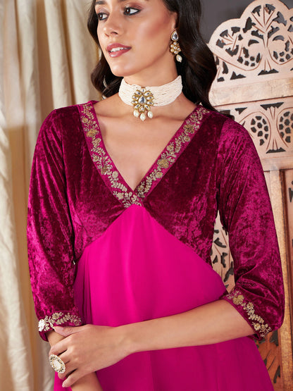 Fuchsia Embroidered V-Neck Dress