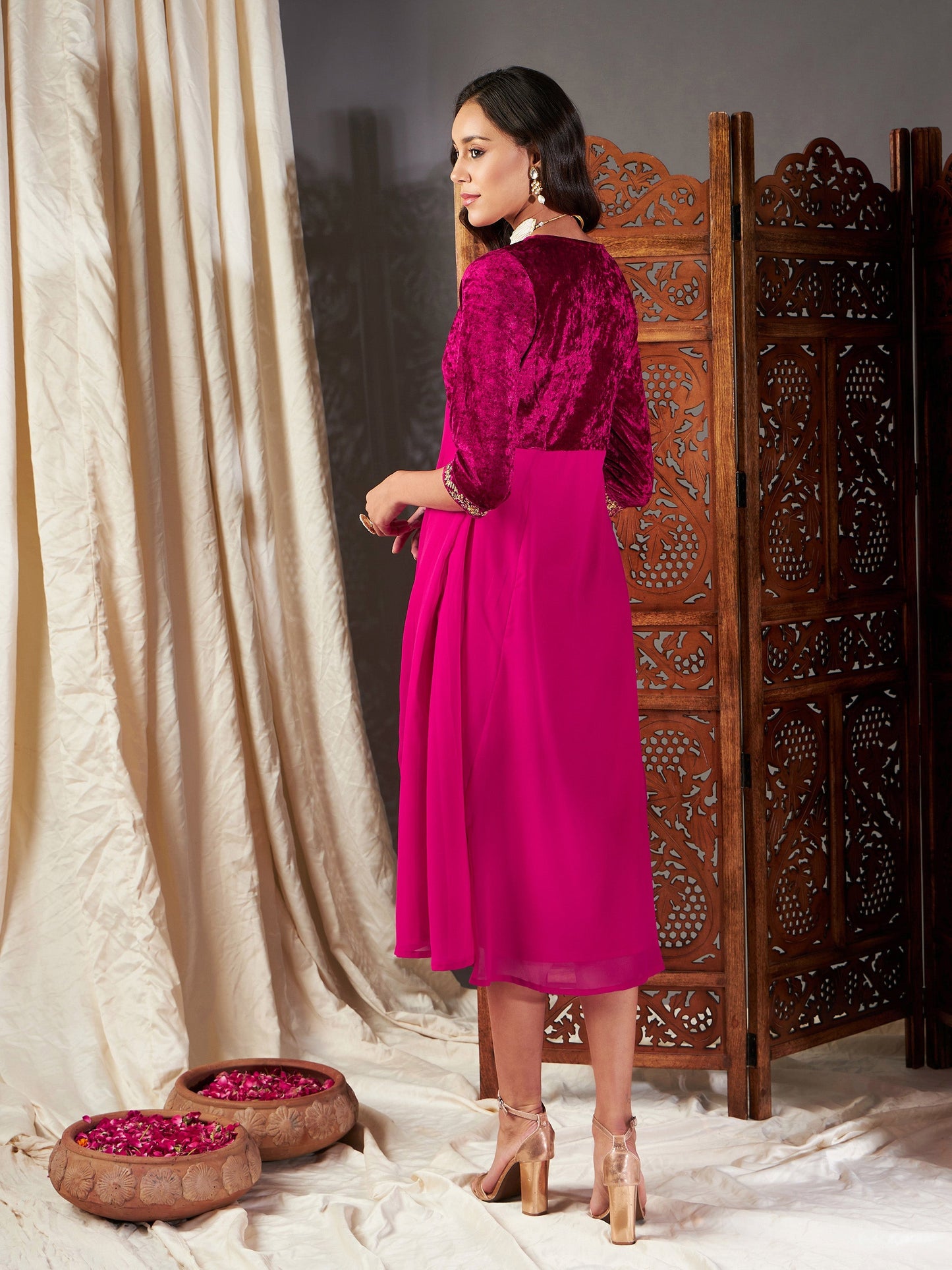 Fuchsia Embroidered V-Neck Dress
