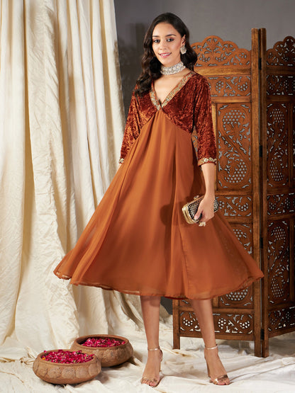 Rust Embroidered V-Neck Dress