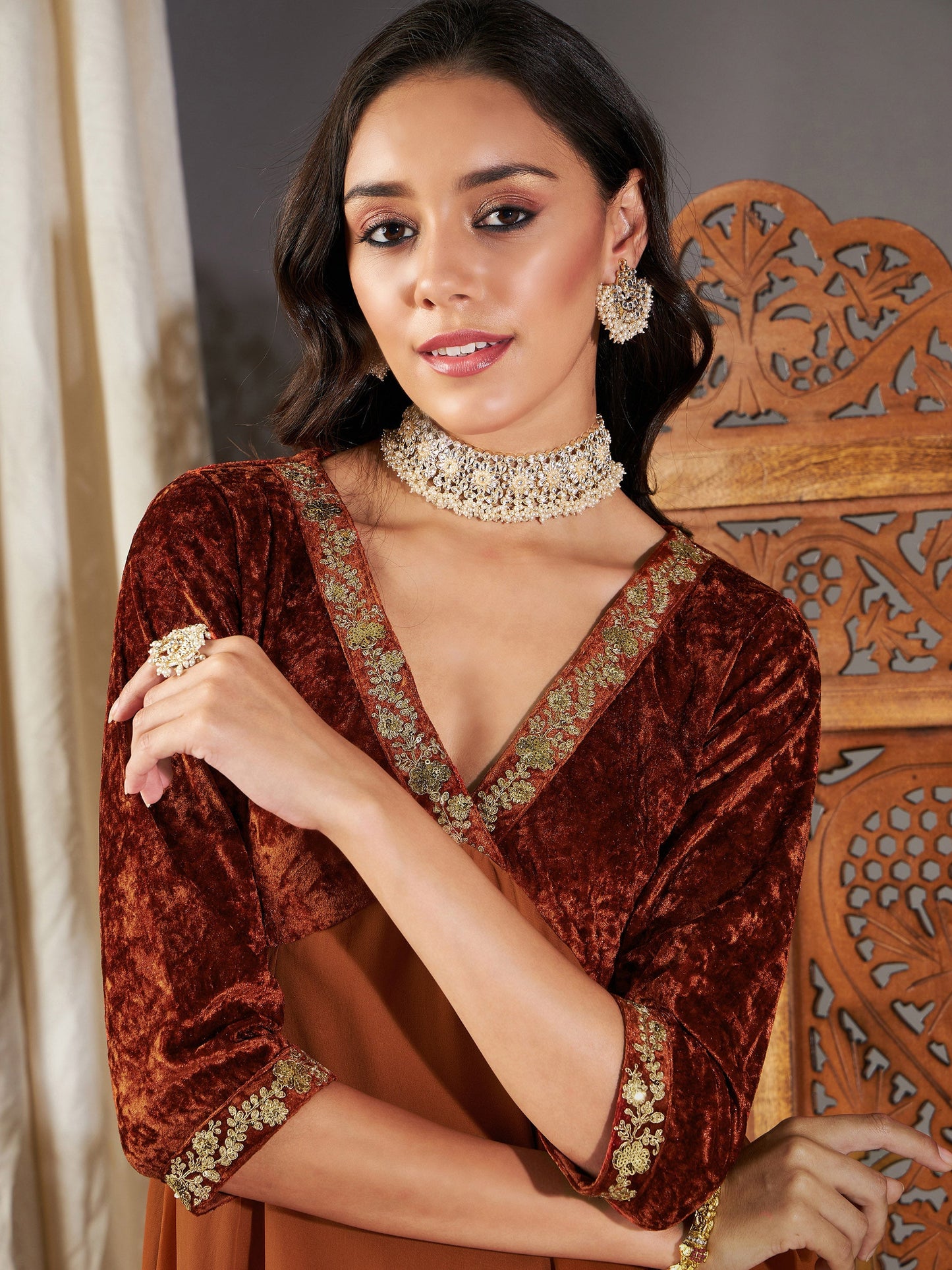 Rust Embroidered V-Neck Dress
