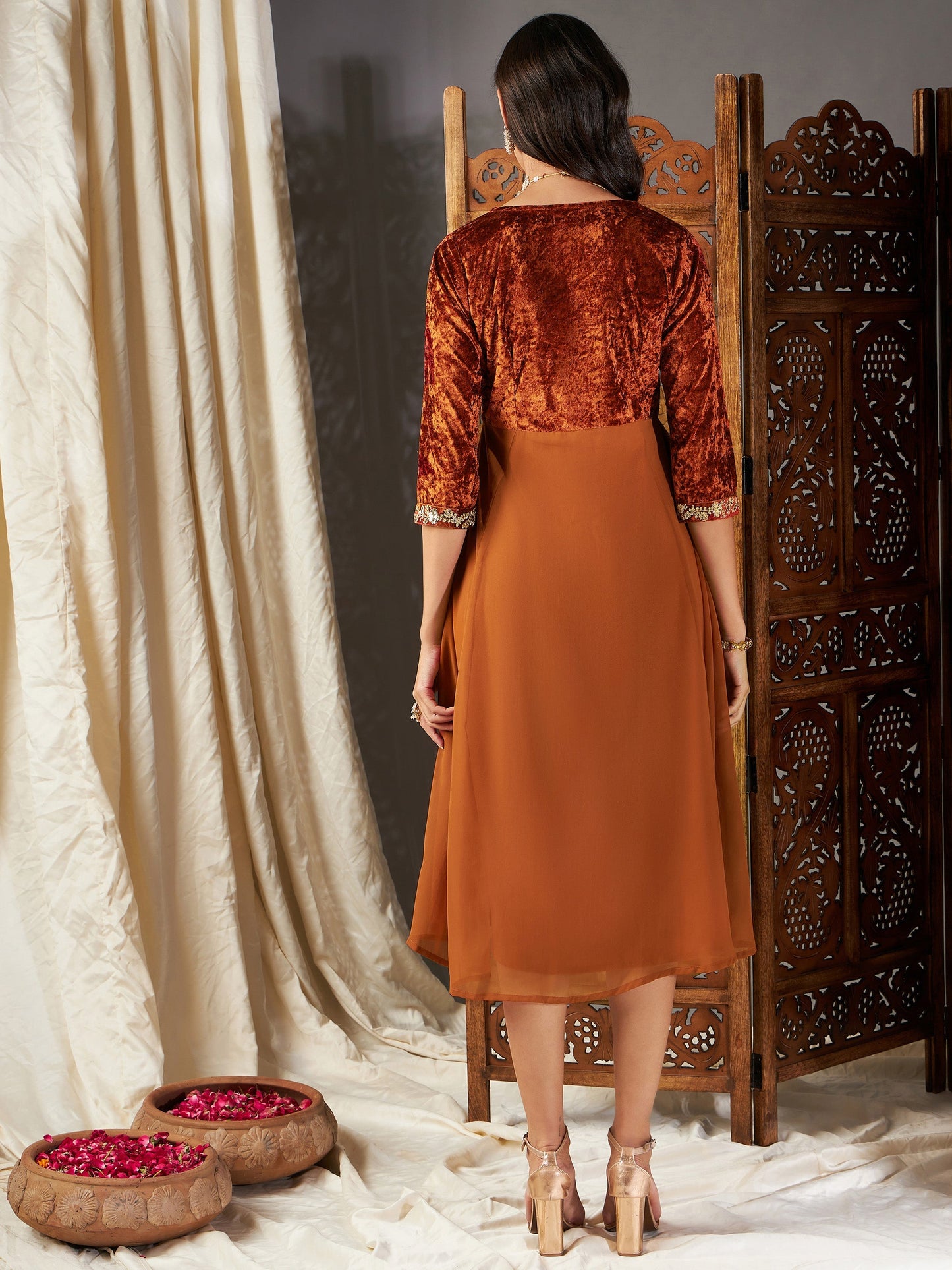 Rust Embroidered V-Neck Dress
